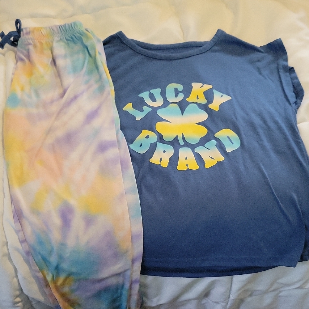 Lucky Brand Blue Tee and Pastel Tie-Dye Pants